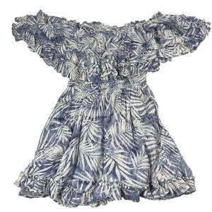 Dainty Hooligan Mini Dress/ Blouse Blue White Palm Leaf Ruffles Peasant Boho